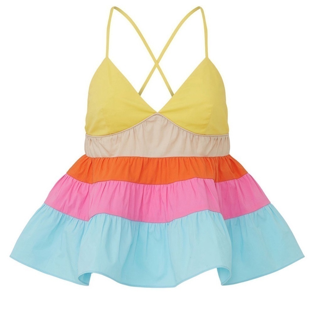 STAUD Colorblock Rainbow Stripe Sleeveless V-Neck Tiered Ruffle Babydoll Top‎ S - Picture 13 of 13